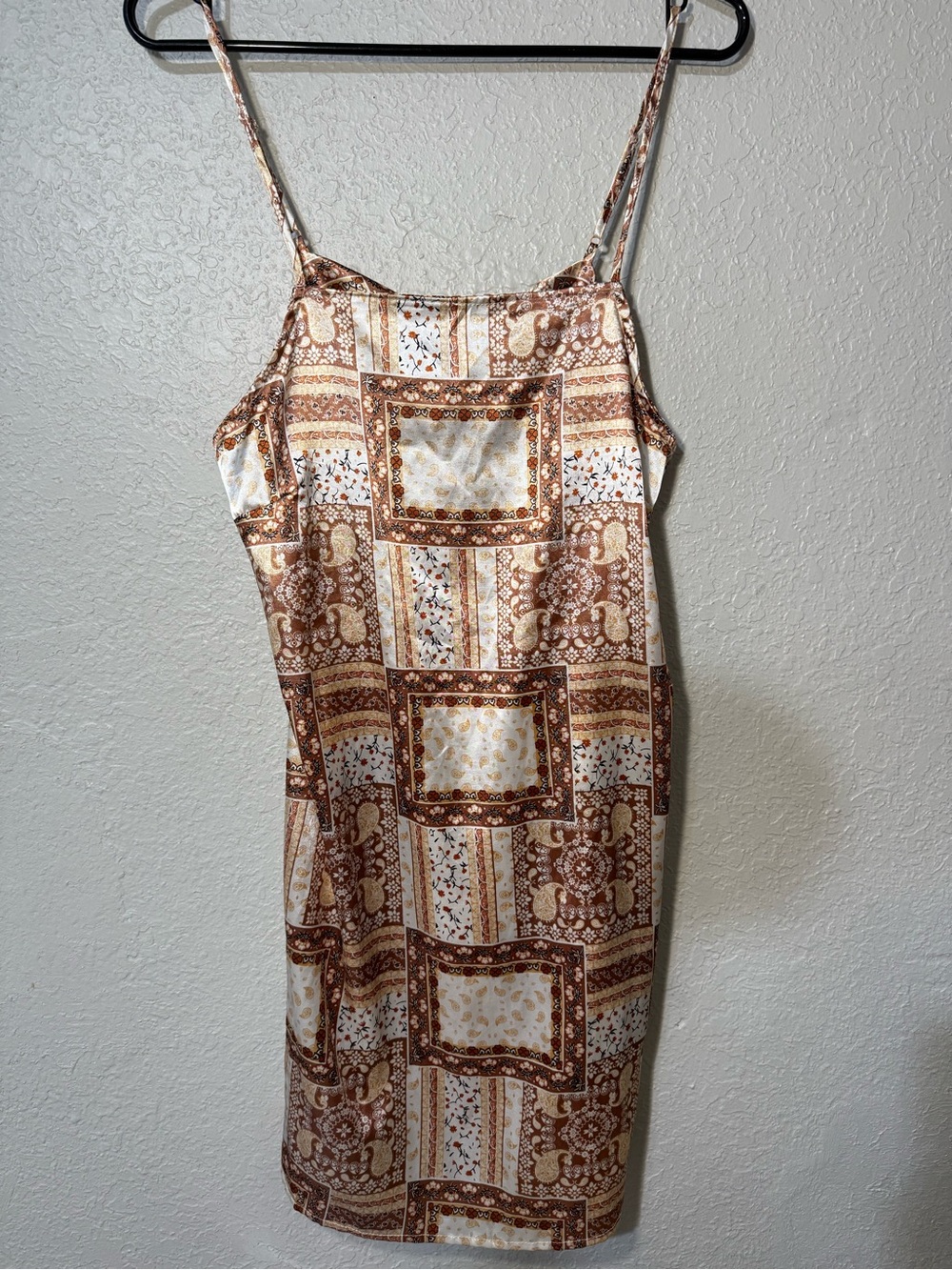 Brown & cream Patchwork 90s/y2k Slip Dress Birch and Stone sz L (like Jun L)